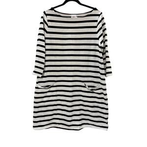 HATCH The Nines Striped Cotton Dress Black White 3/4 Sleeve Pockets Size L